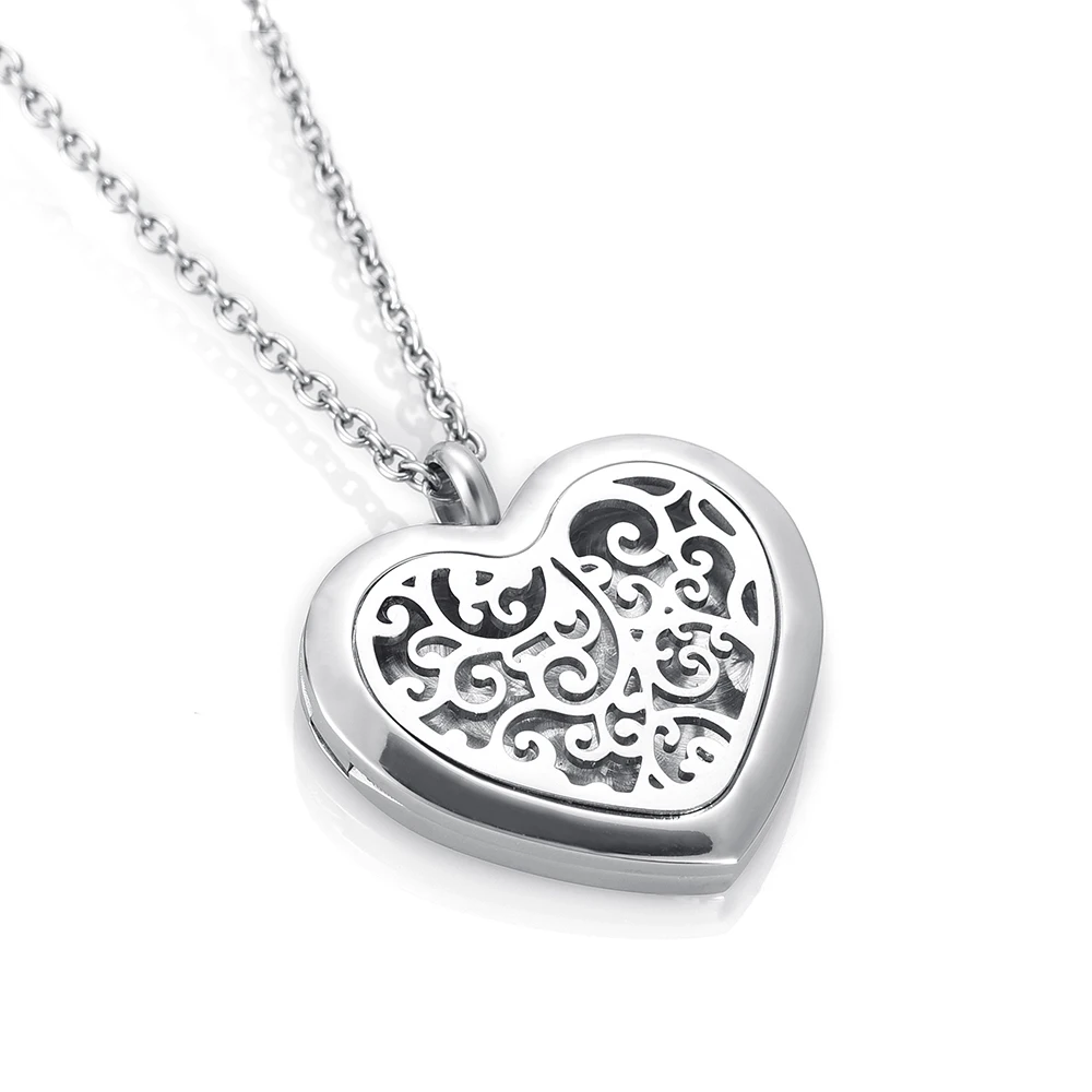 

KLH0188 Filigree Heart Stainless Steel Aromatherapy Essential Oil Diffuser Necklace Locket Pendant-Engraveable