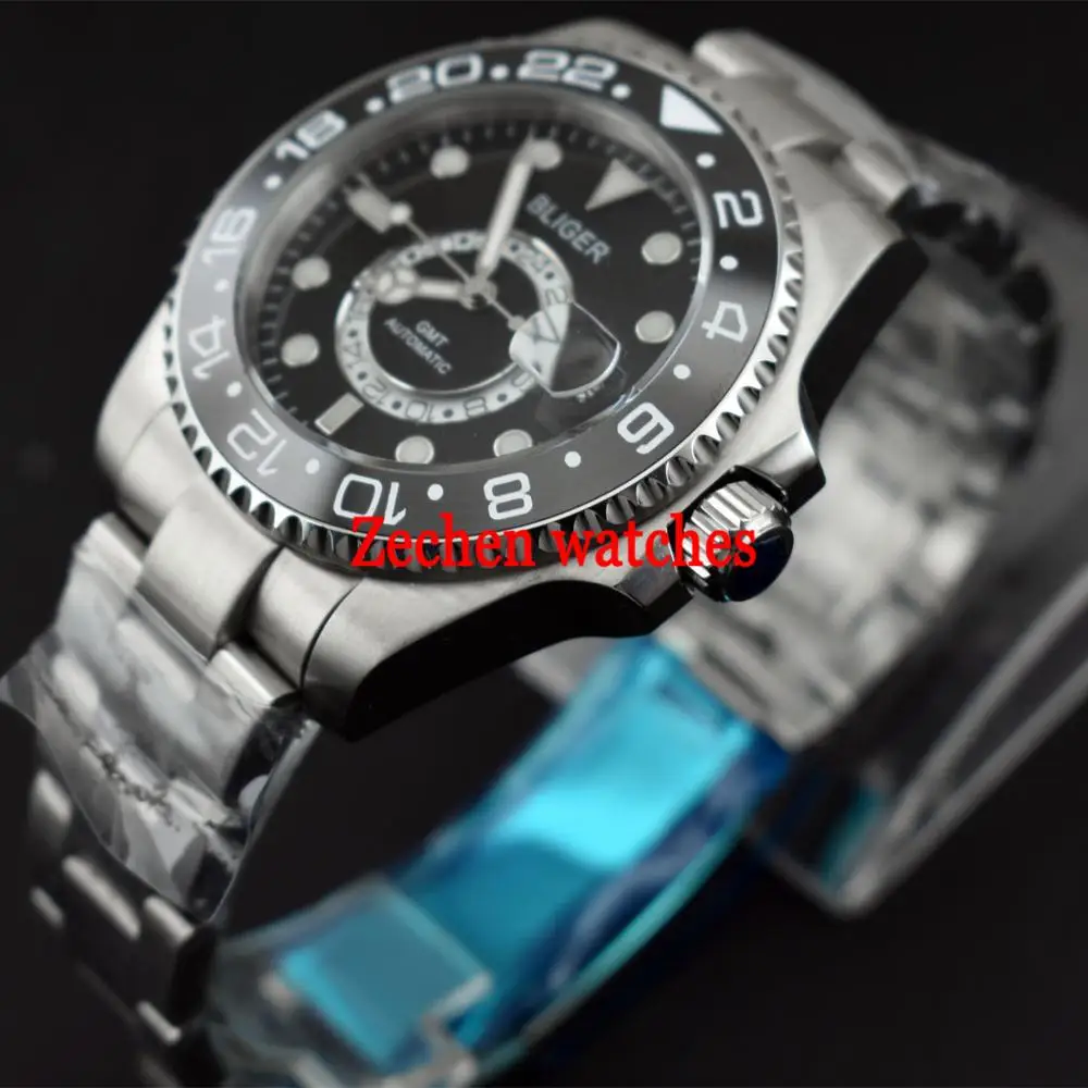 Bliger new 43mm Titanium Bezel GMT Black Sapphire Glass Luminous Hands Automatic Self-Wind Day Men's Watch | Наручные часы