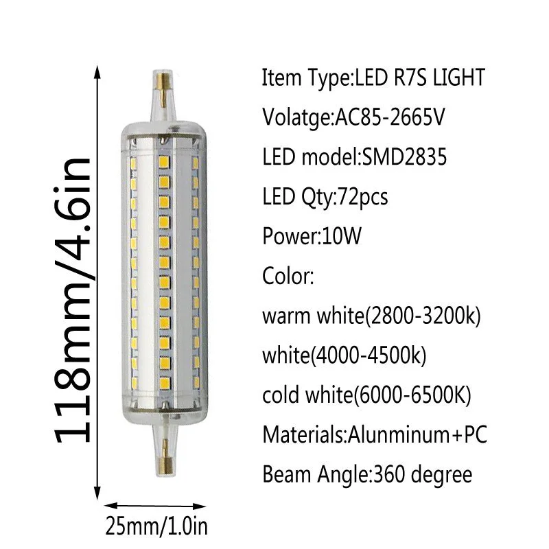 Диммируемая лампа R7S LED Corn 2835 SMD 78 мм 118 135 189 свет 5 Вт 10 12 15 заменить галогенную лампу