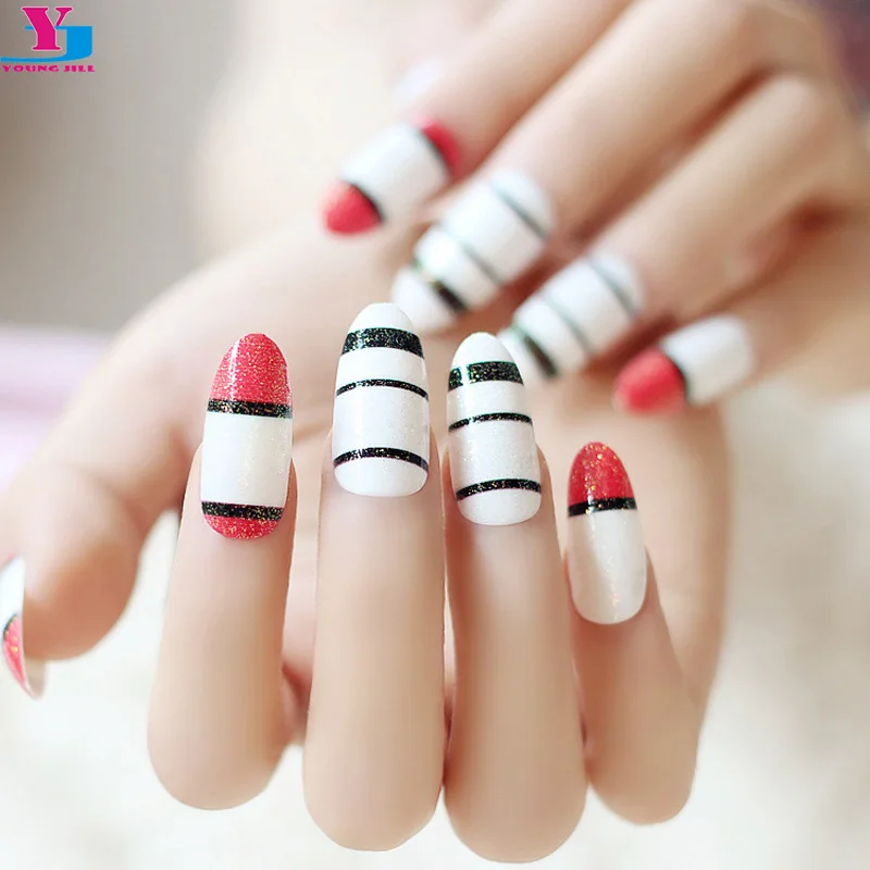 Горячие полосы стиль поддельные ногти Unghie Finte стилет Ложные гель Советы нажмите