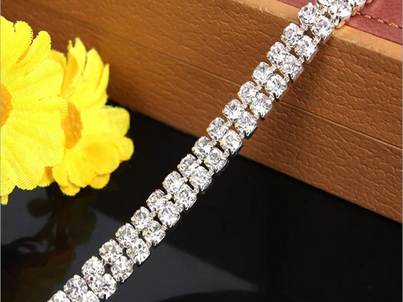 

5y Diamond Clear Crystal double row Rhinestones Silver Plated Chain Trim,Free shipping