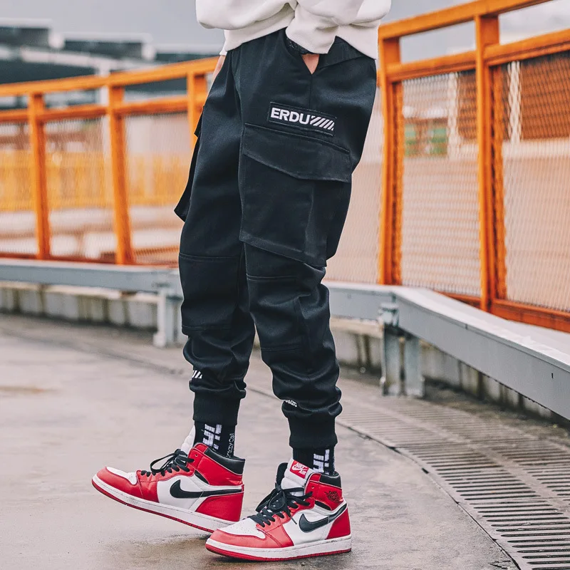 

Hip Hop Cargo Pants Men Joggers Pockets Pants Streetwear Male 2019 Harajuku Mens Elastic Waist Black Pant Cargo Cotton HW308