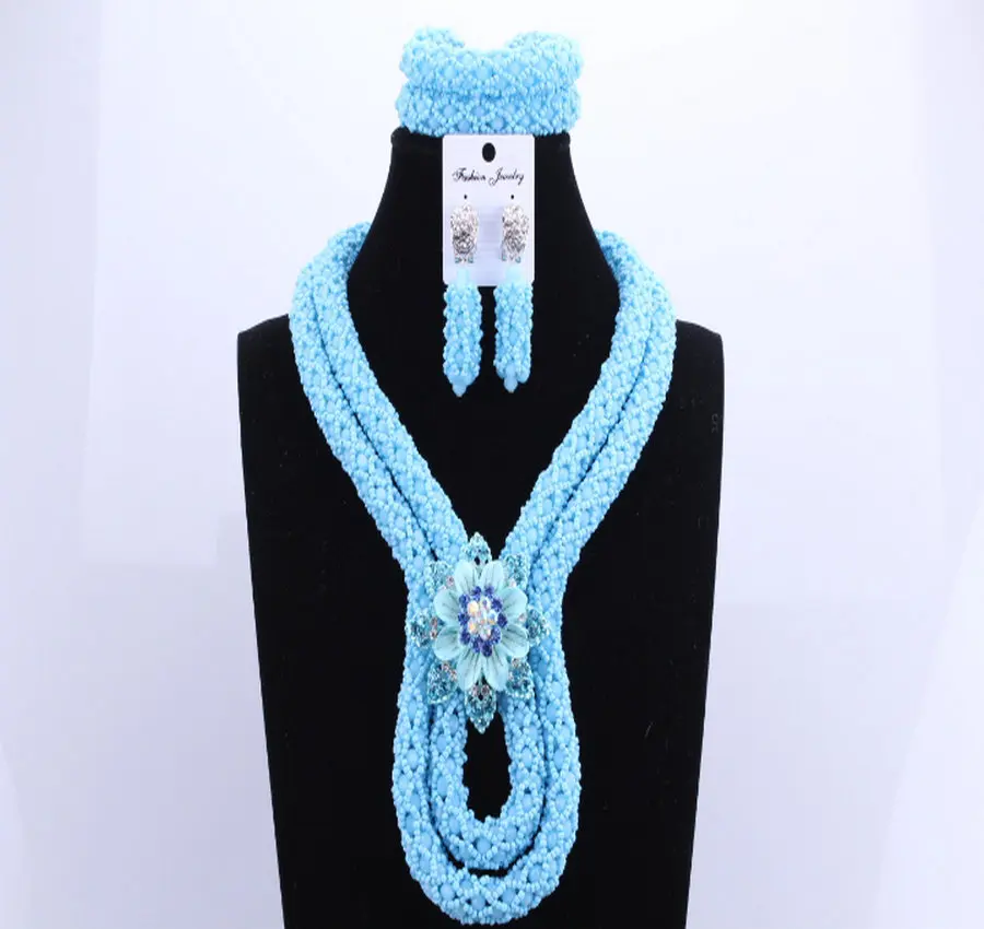 2017 синий африканский Кристалл бусы ожерелье набор двухслойный большой дизайн