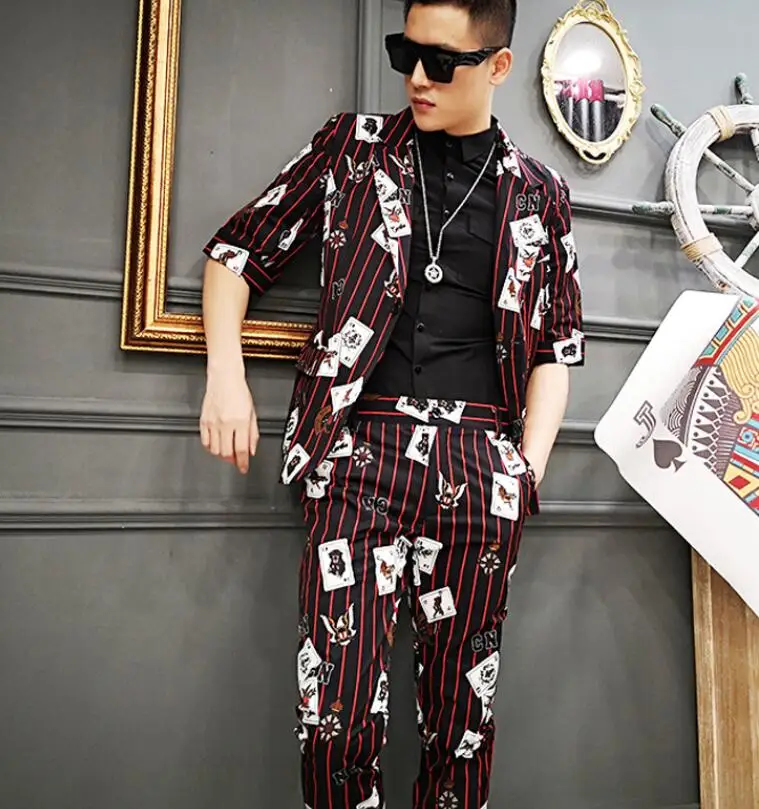 Suit M-6XL! персональный красный костюм в тонкую полоску с принтом покера, костюм с рукавами, весенний и летний комплект для ночного клуба, певицы, парикмахера - Цвет: Suit