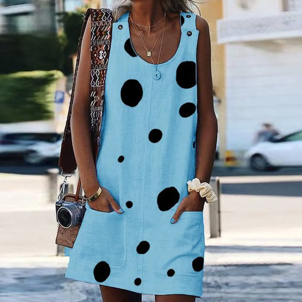 Женские летние платья без рукавов с круглым вырезом в горошек повседневные
