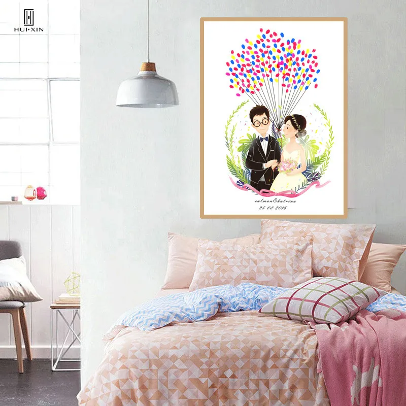 Sweet Love Theme Pink Bride And Bridegroom Figure Fingerprint Signature Canvas Painting DIY Wedding Gift Guest Book Home Decor | Дом и сад