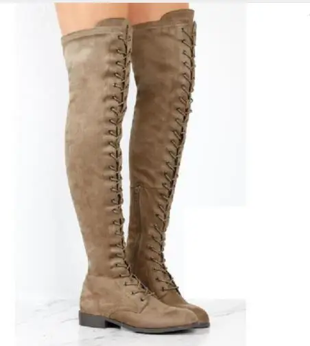 

Sexy Lace Up Over Knee Boots Women Boots Ladies Shoes Woman Square Heel Rubber Flock Snow Botas 2018 Winter Overknee