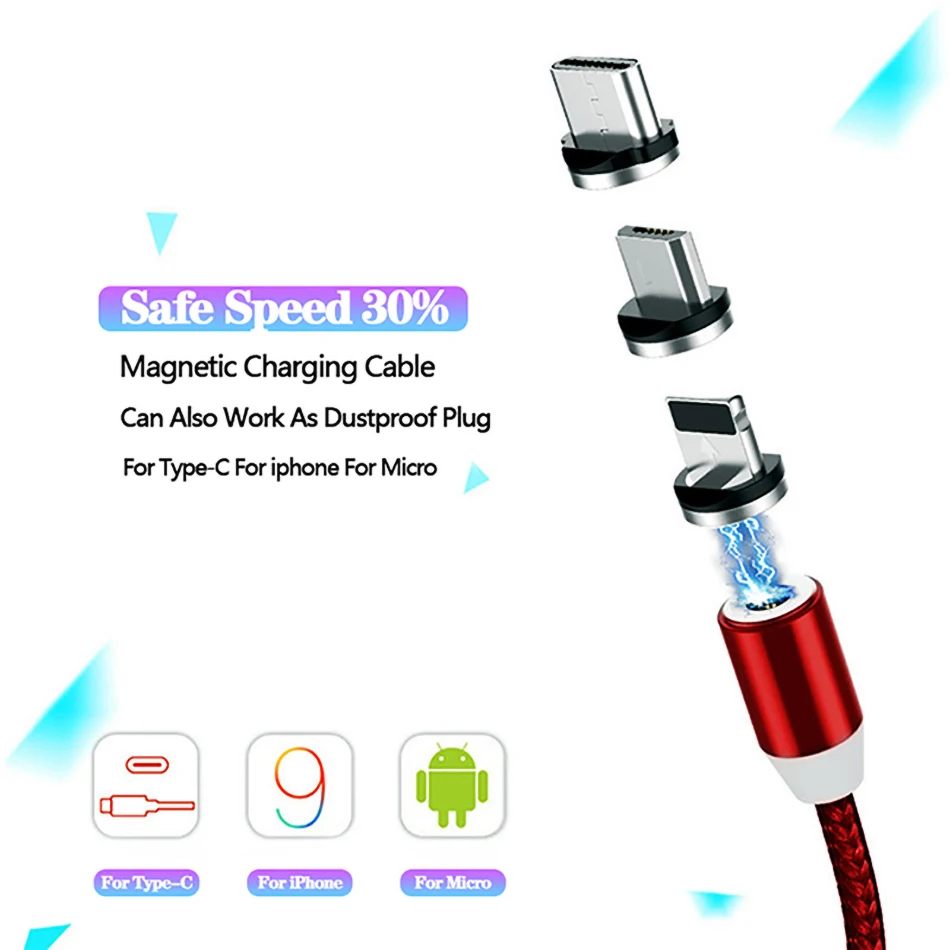 360 светодиодный магнитный usb-кабель для iPhone XS XR X 7 8 Магнитный Micro USB type C для быстрой зарядки samsung huawei Xiaomi USB-C