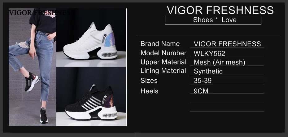 VIGOR/свежая обувь; летние женские кроссовки; носки на каблуке 9 см; сетчатые женские белые кроссовки; визуально увеличивающие рост; обувь с прорезями; WY562