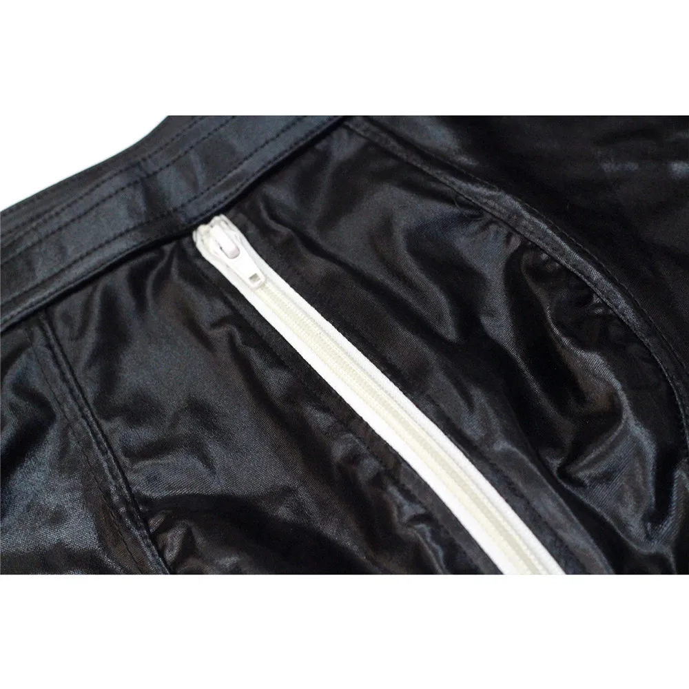 Sexy Men Leather Boxer Underwear Erotic Jockstrap Black Faux Vinyl Male Panties Zipper Front Gay Boxer Shorts Pouch Underpants