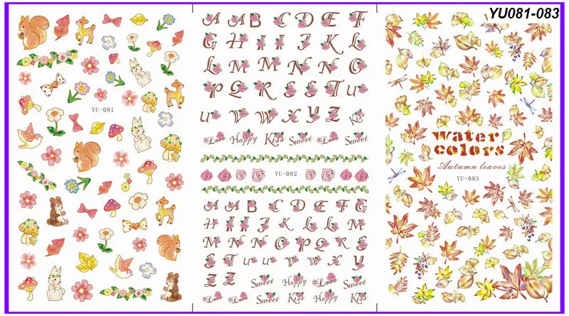 

3 PACK/ LOT WATER DECAL NAIL ART NAIL STICKER FLOWER ALPHABET LEAF RABBIT DEER YU081-083