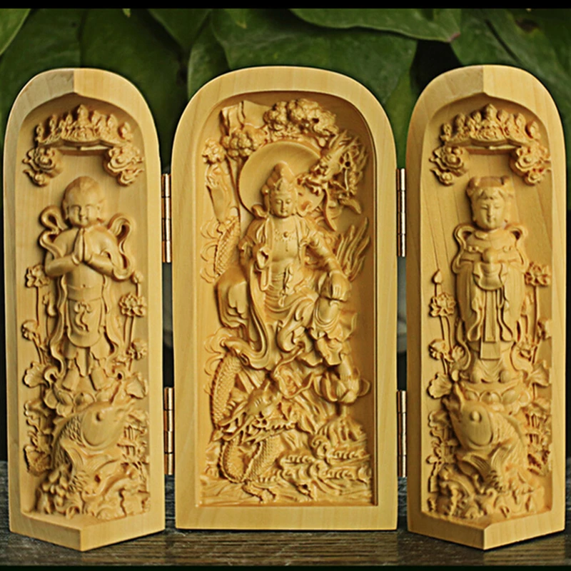 Изысканный Empaistic натуральный резьба из самшита Будда в западном стиле свитой три