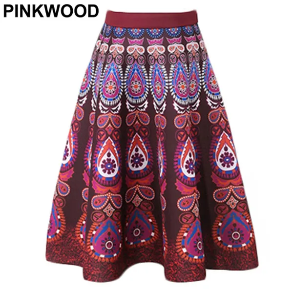 PINKWOOD Женщины Высокой Талией Бальное платье Миди Юбка 2016 Осень Элегантный Печати