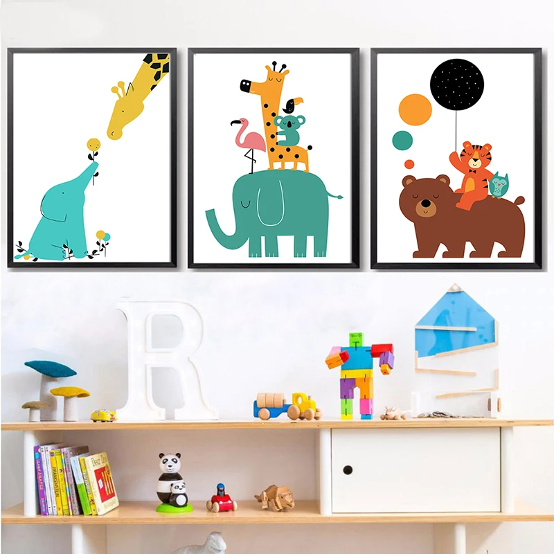 

AtFipan Cartoon Animal Poster Modern Simplified Cute Decoration For Children Room Spray Paintings On Canvas Wall Art Unframed