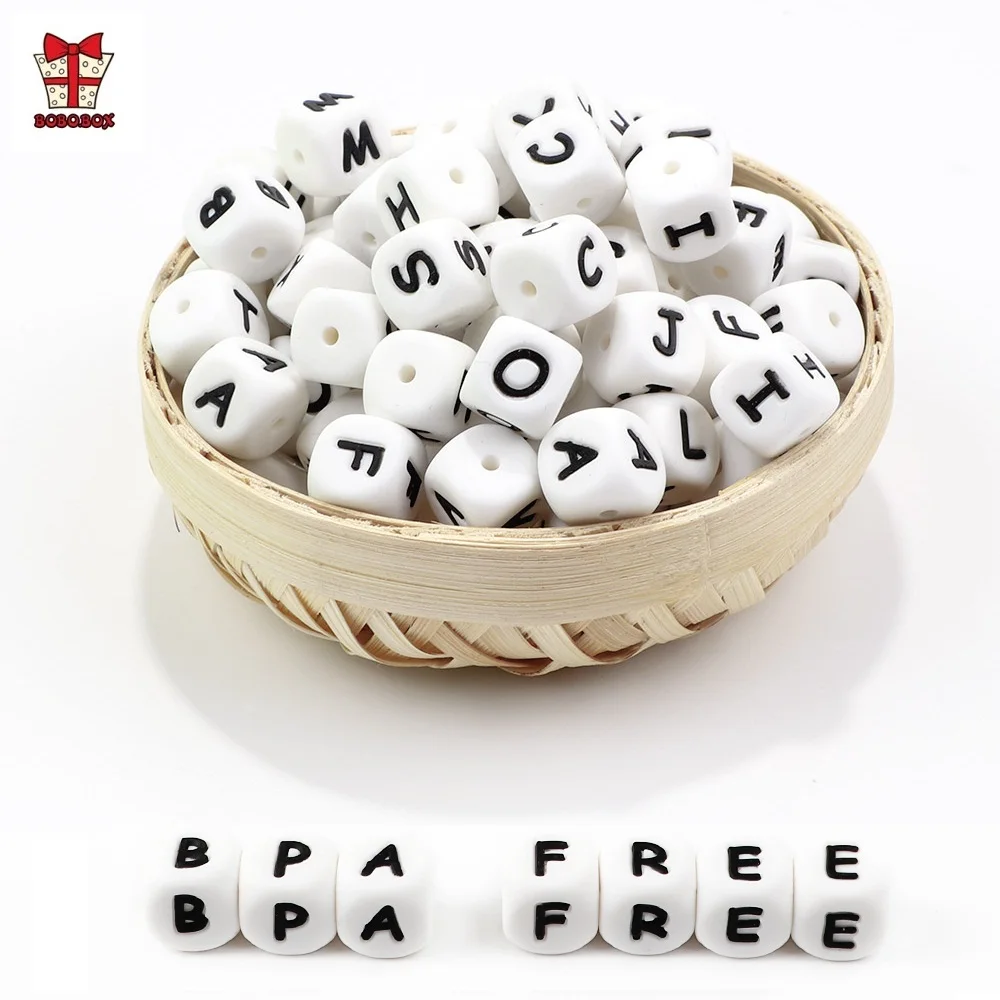BOBO. BOX, Прорезыватель для зубов, 100 шт./лот, Английский алфавит, бисер, BPA бесплатно, для самостоятельного изготовления зубов, пустышка, цепочка, силиконовые бусины, буквы