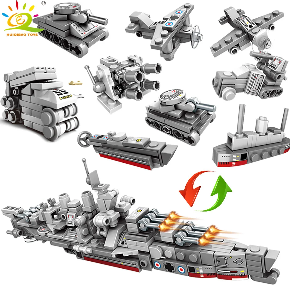 Игрушки HUIQIBAO 240 шт. 10в1 Военный мини-корабль темно-синего цвета строительные блоки