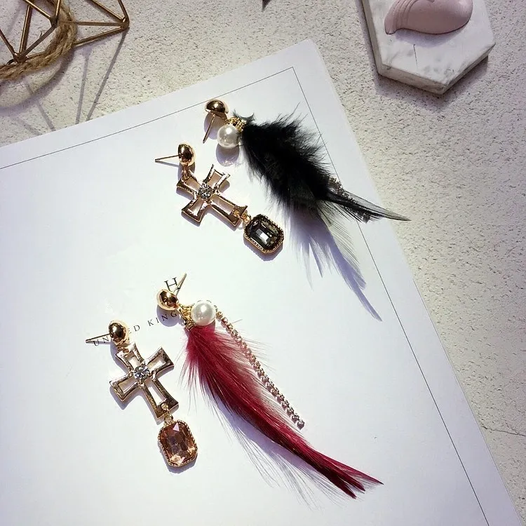 Модные Роскошные Перо Мех животных кристалл крест Длинные висячие серьги