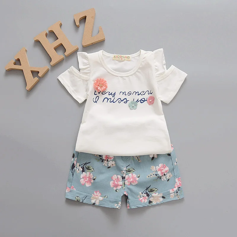 Одежда для маленьких девочек летняя футболка с открытыми плечами + шорты