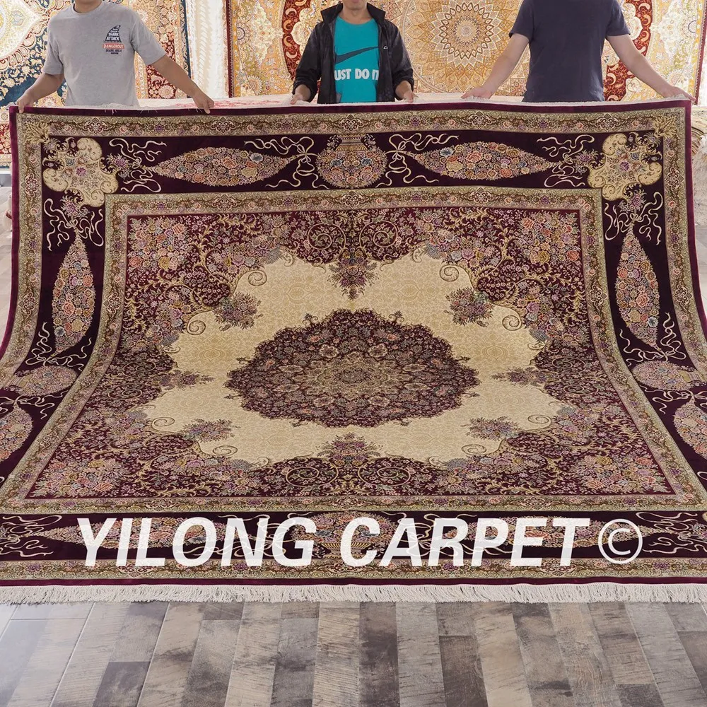 Yilong 10 'x 10' восточные квадратные ковры фиолетовый бежевый изысканный ручной