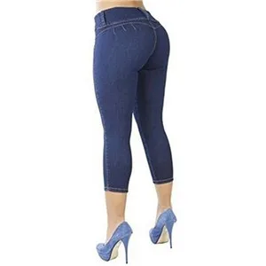 dark blue Женские сексуальные повседневные укороченные брюки, одноцветные узкие брюки с пуговицами и летящей талией, дышащая эластичная укороченная брюки размера плюс - Цвет: dark blue