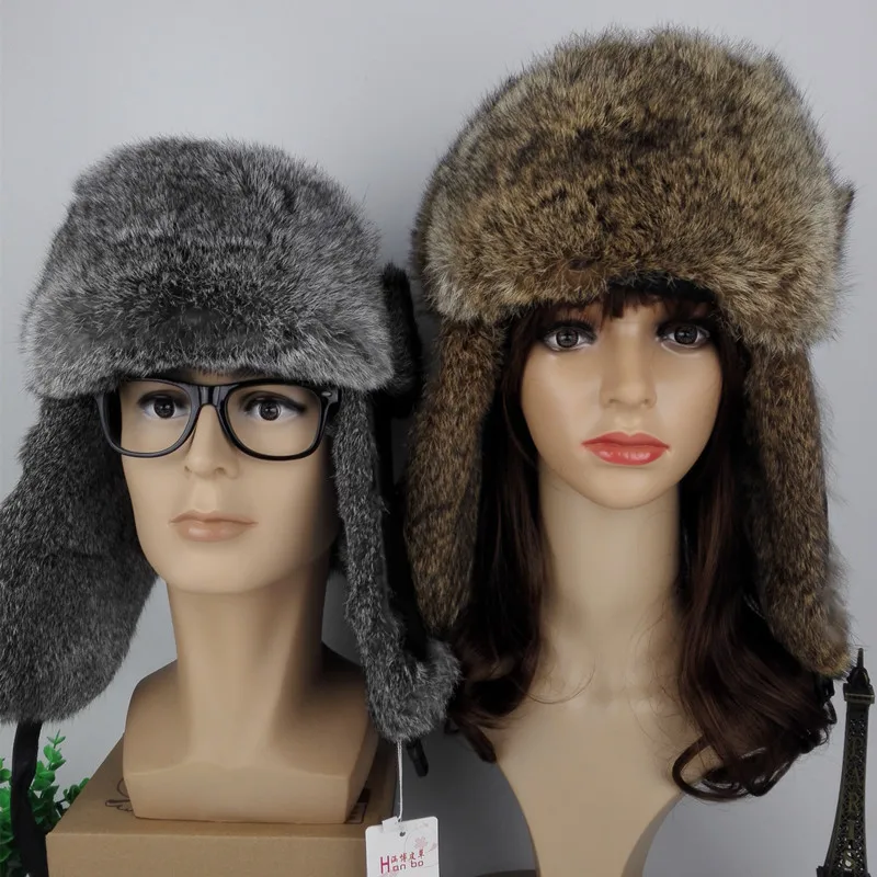 Шапки-бомберы из натурального меха кролика (TopFurMall) зимние теплые шапки