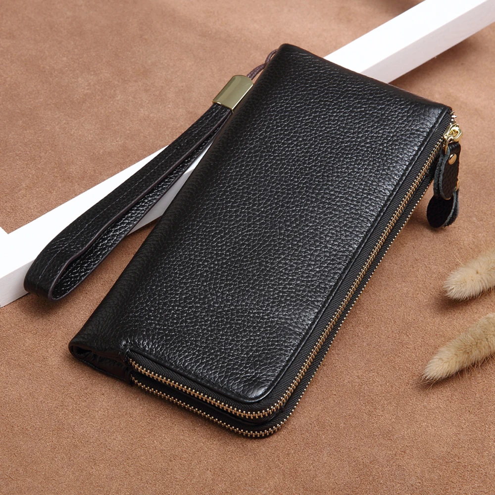 Top Grain Unisex Genuine Leather Wristlet Wallet Double Zipper Pocket Clutch Bag Coin Purse Card Holder | Багаж и сумки