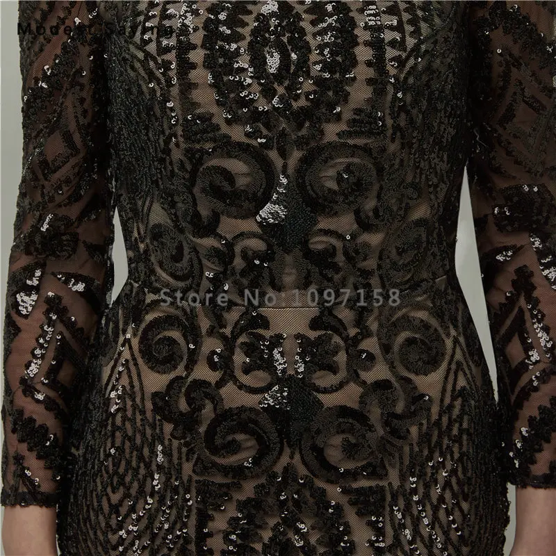 

New Luxury Black Sexy Mermaid Off the Shoulder Sequined Lace Evening Dresses 2018 with Sleeves Party Prom Gowns abendkleider