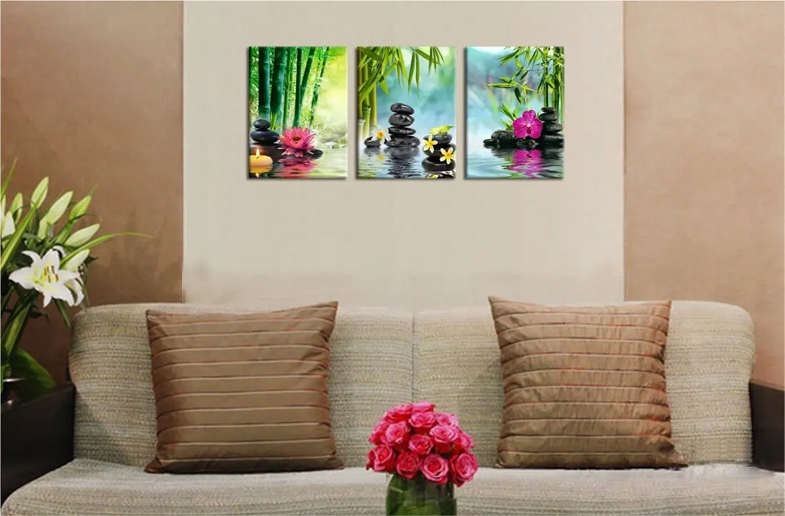 3 панели современный Zen холст картина искусство на стену Декор спа камень зеленый