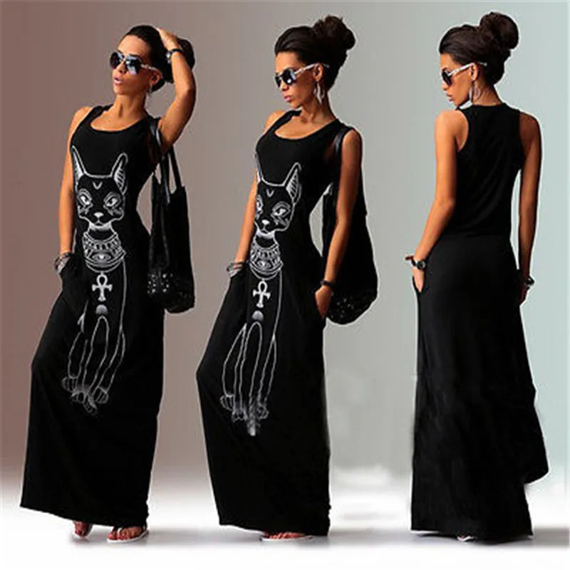 Women Summer Long Dress 2016 Sexy Casual Cat Print Boho Maxi Beach Evening Party Vest Sundress | Женская одежда