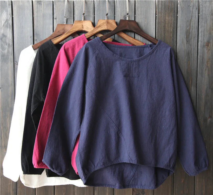 Летняя Женская Ретро дышащая футболка с круглым вырезом и длинным рукавом из