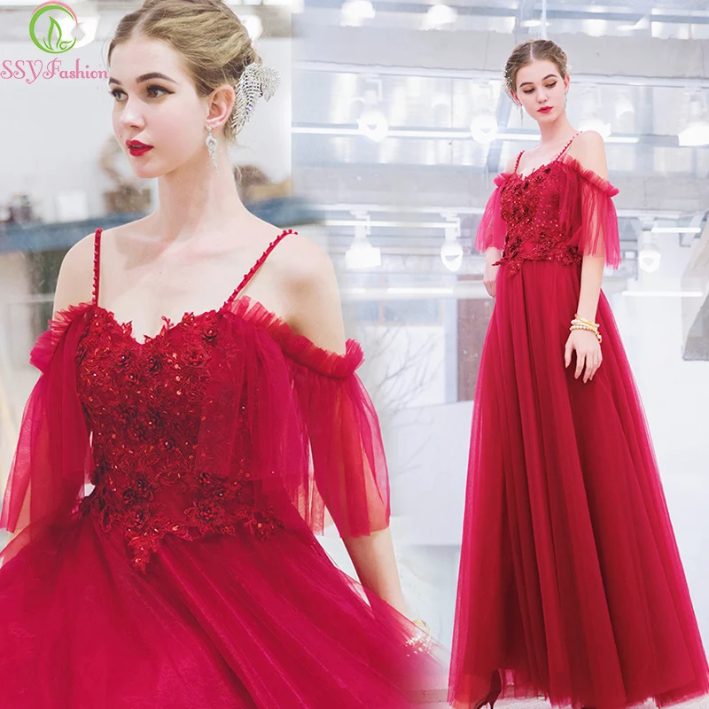 

SSYFashion New Luxury Red Evening Dress Bride Married Banquet Lace Appliques Floor-length Long Formal Gowns Robe De Soiree