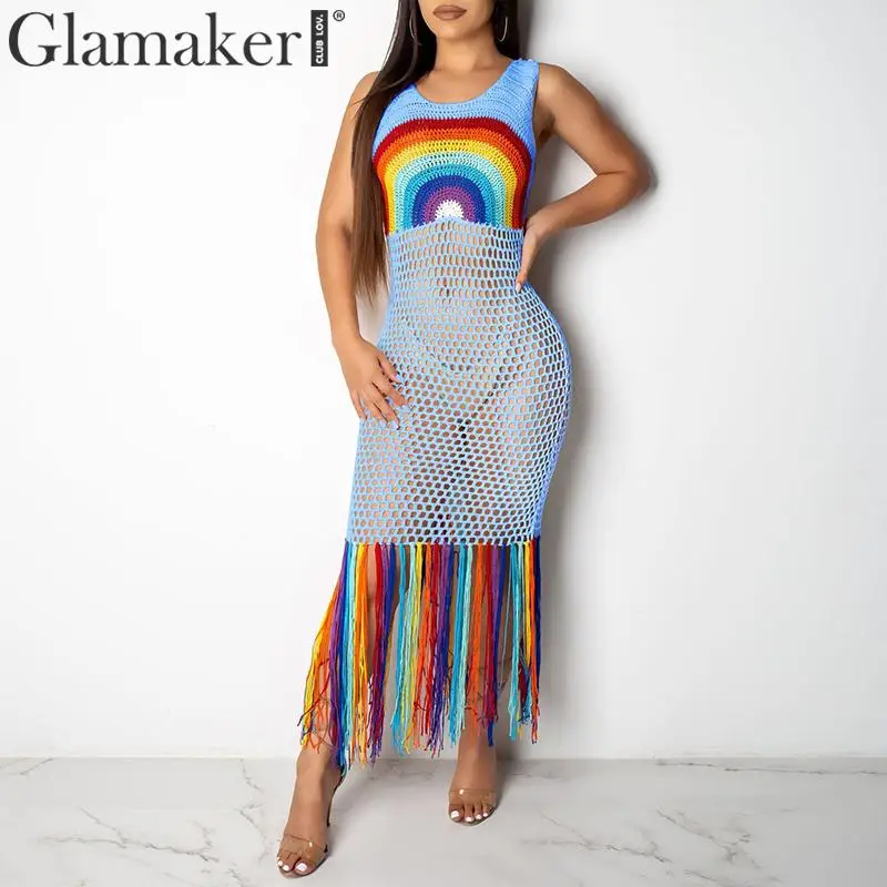 Glamaker вязание крючком Радуга кисточкой бахрома праздничное платье женское Элегантное открытое миди платье без рукавов летние пляжные платья