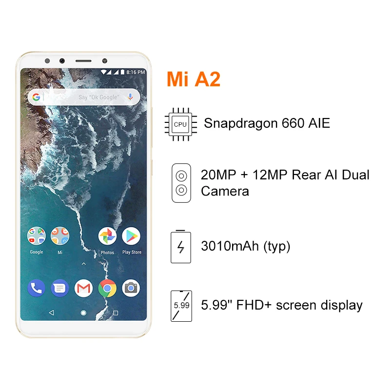 Xiaomi Mi A2 смартфон с 5 99 дюймовым дисплеем восьмиядерным процессором Snapdragon 660 ОЗУ 4