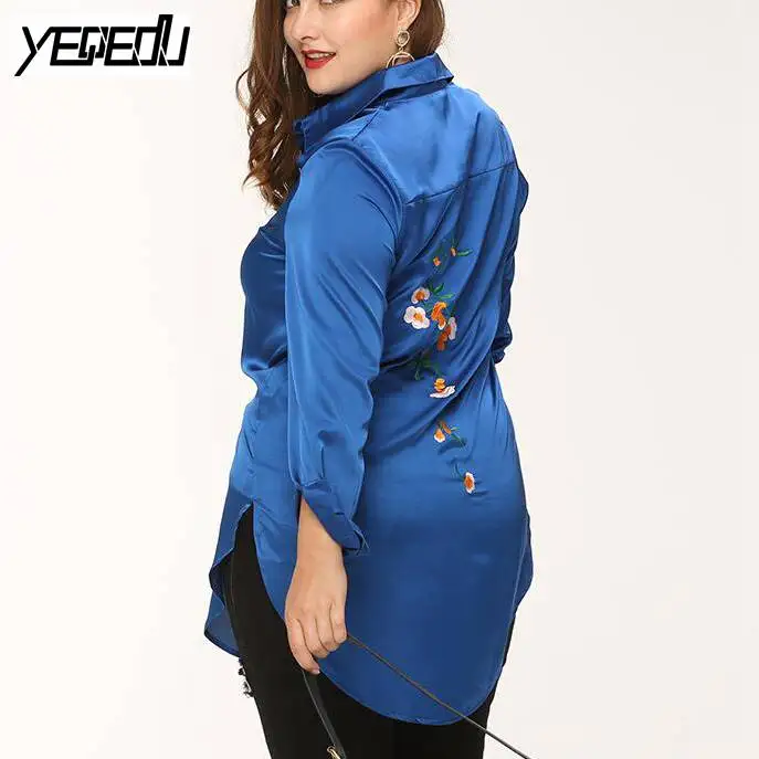 #1209 Blouses 2018 Spring Blue Tie Embroidery shirt women Sexy Loose Long sleeve Ruffle top Bright Embroidered blouse Asymmetric |