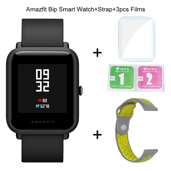 Оригинальные Смарт-часы Xiaomi Amazfit Bip Bit Lite, молодежные, gps, умные часы, IP68, водонепроницаемые, 45 дней, срок службы батареи, глобальная версия - Цвет: Add 1 Strap 3 Films