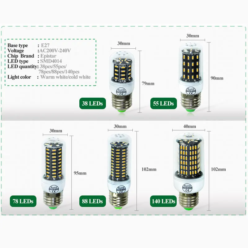 E14 Светодиодный E27 светильник для кукурузы 220 В 4014SMD светодиодный 38 55 78 88 140