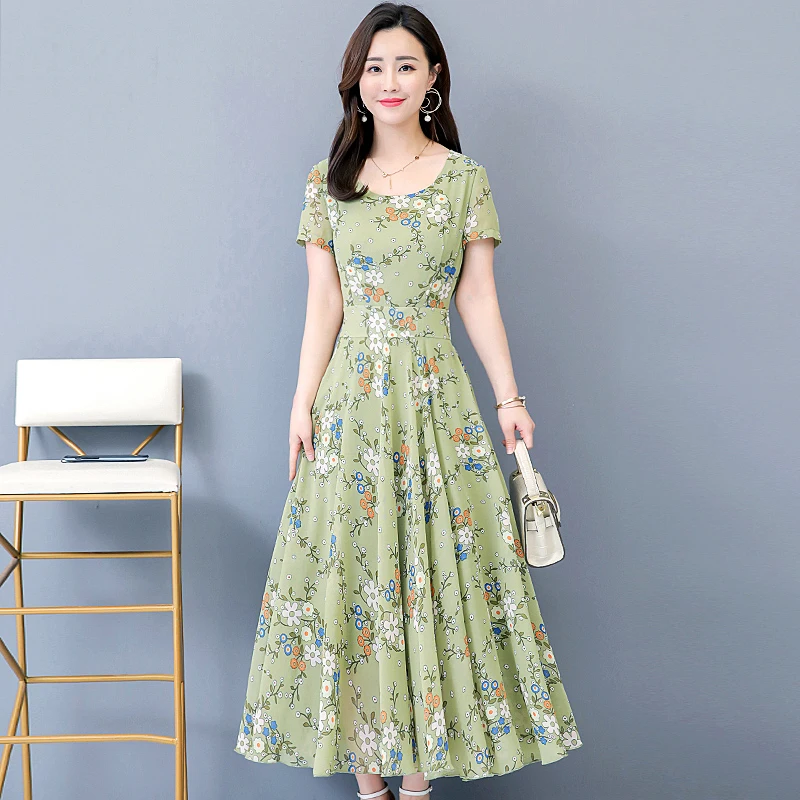 Plus size Women Dress 2019 summer Short sleeve Floral Print Vintage Chiffon European Style Slim Waist A Line pleated long Dresse | Женская
