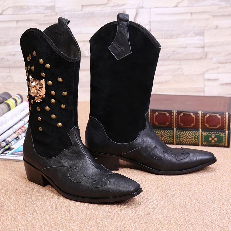 

New British style fashion pointed toe genuine leather desert boots metal decoration rivets mid calf boots for men winter boot