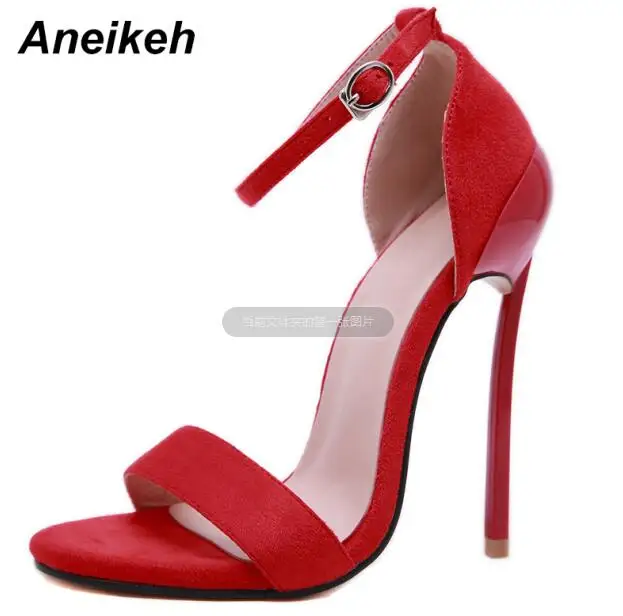 Aneikeh/Новинка года; пикантные однотонные босоножки из искусственной кожи в римском стиле; женские туфли на тонком высоком каблуке с закрытой пяткой и ремешком с пряжкой; офисная обувь; цвет красный, черный; Размеры 35-42 - Цвет: red