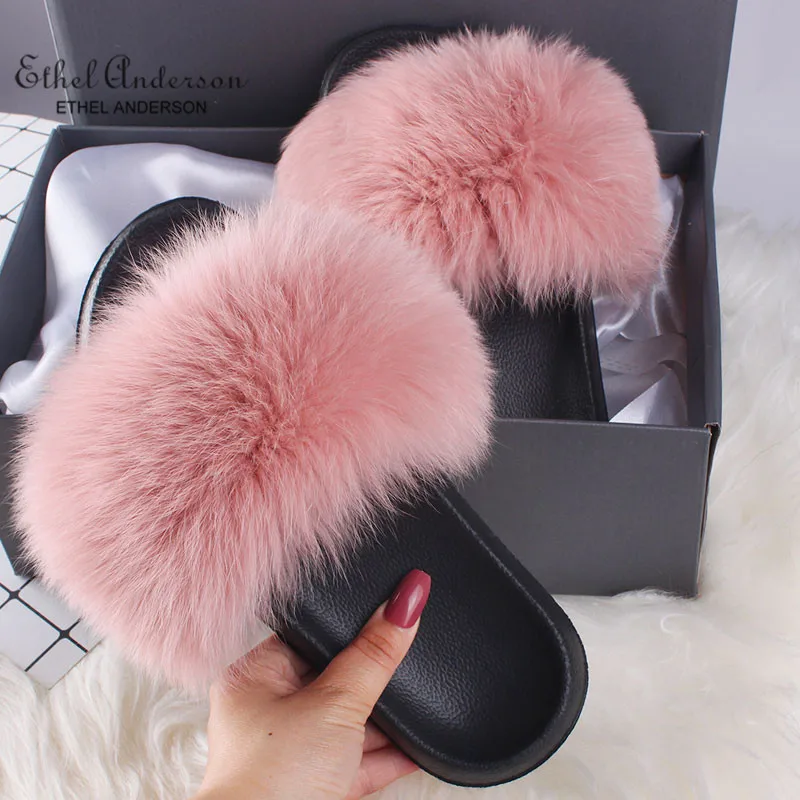 Pink Fox Fur Ethel Anderson/шлепанцы с натуральным мехом; модные Вьетнамки с лисьим мехом енота; повседневные Летние босоножки - Цвет: Pink Fox Fur