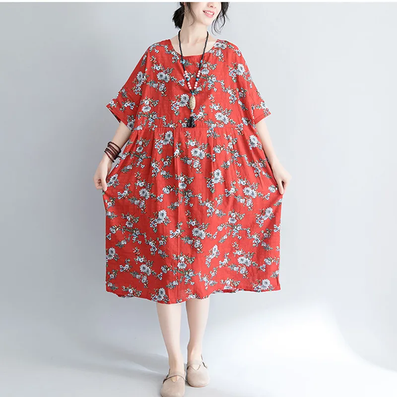 Женское винтажное платье с круглым вырезом Johnature свободное Повседневное