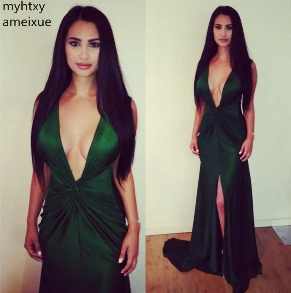 

New Sexy Cheap Greem Deep V-neck Sleeveless Side Slit 2021 Floor Length Mermaid Elastic Satin Evening Dresses Prom Party Gowns