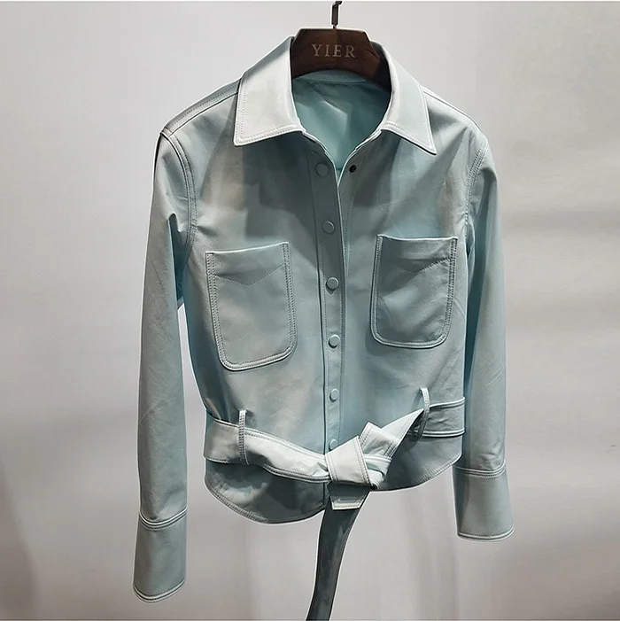 Light Blue Натуральная кожаная куртка для Для женщин Карамельный цвет натуральном овечьем меху с открытой спиной кожаная куртка gl0113 - Цвет: Light Blue