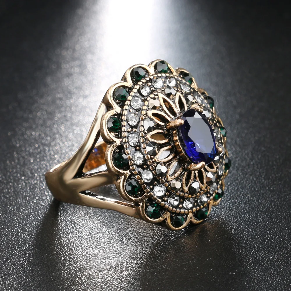Женское Винтажное кольцо с крупным полым цветком и кристаллом античное золото