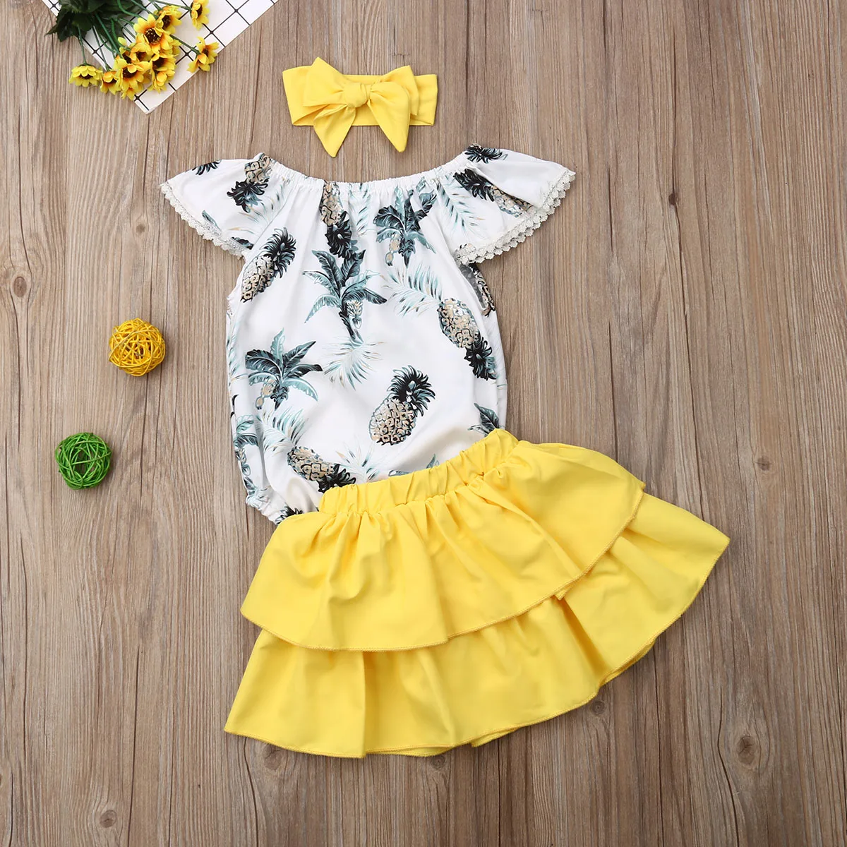 Lovely Infant Baby Girls Clothes Sets Ruffle Sleeves Floral Romper Tops+Solid Skirts+Headband Outfit | Детская одежда и обувь