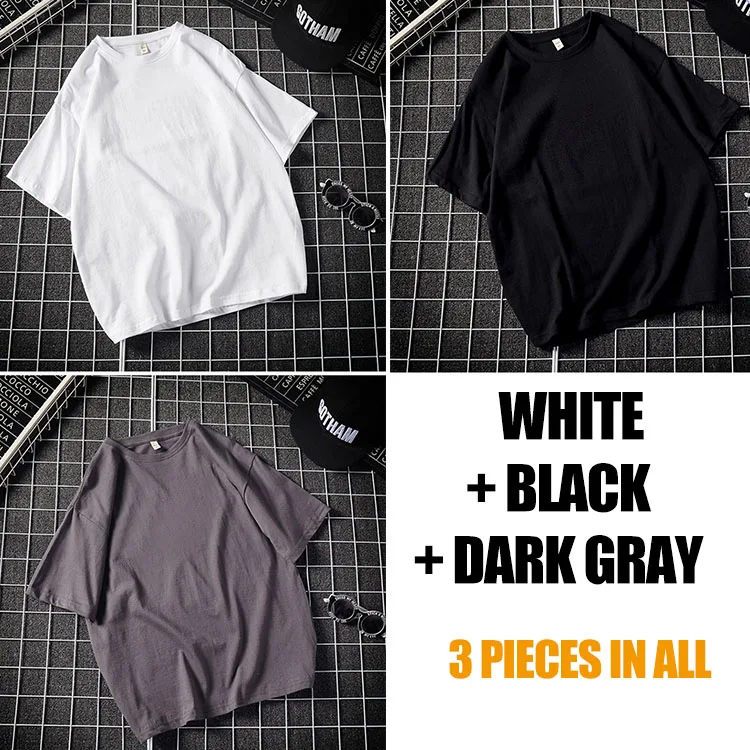 Black-White-DarkGray Распродажа, упаковка из 3 повседневных однотонных хлопковых футболок, мужские белые фиолетовые футболки с коротким рукавом, летние уличные футболки больших размеров BD129 - Цвет: Black-White-DarkGray