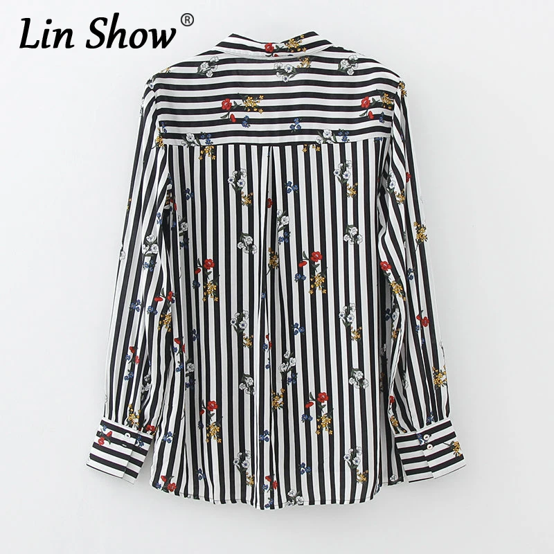 LINSHOW Полосатый Цветочный Печатных Черная Женщина Блузка С Длинным Рукавом