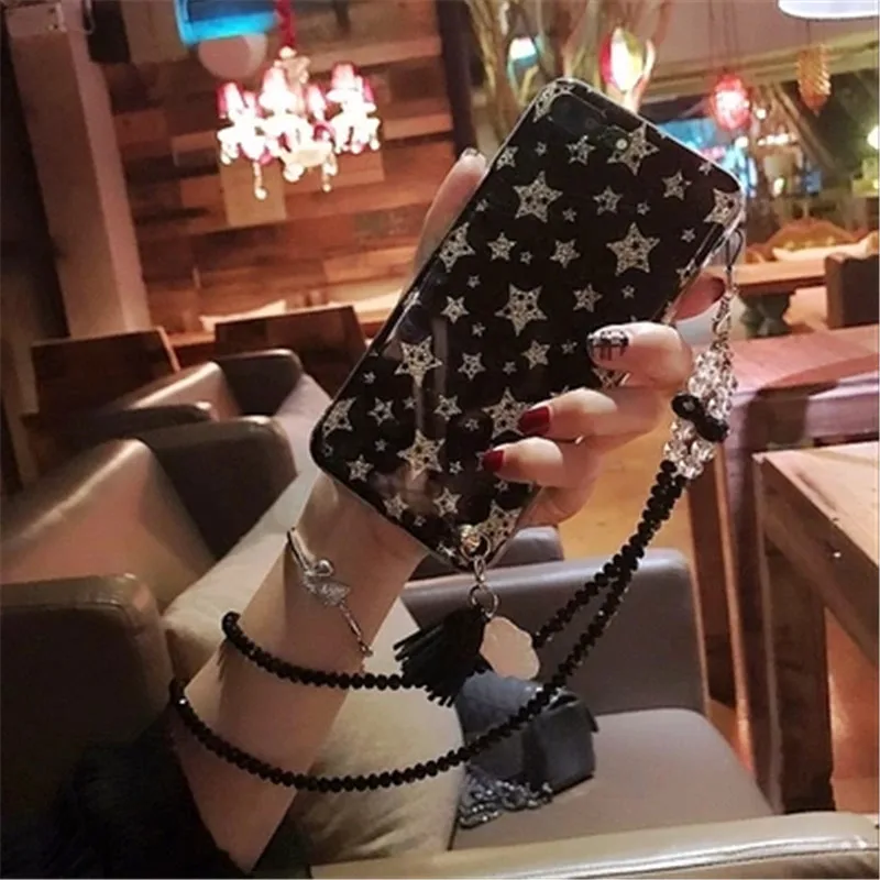 XSMYiss Case For iPhone 11 Pro MAX XS XR X 6 6S 7 8 Plus Surface Smooth Pentagram Glitter Glossy Tassel pendant Phone |