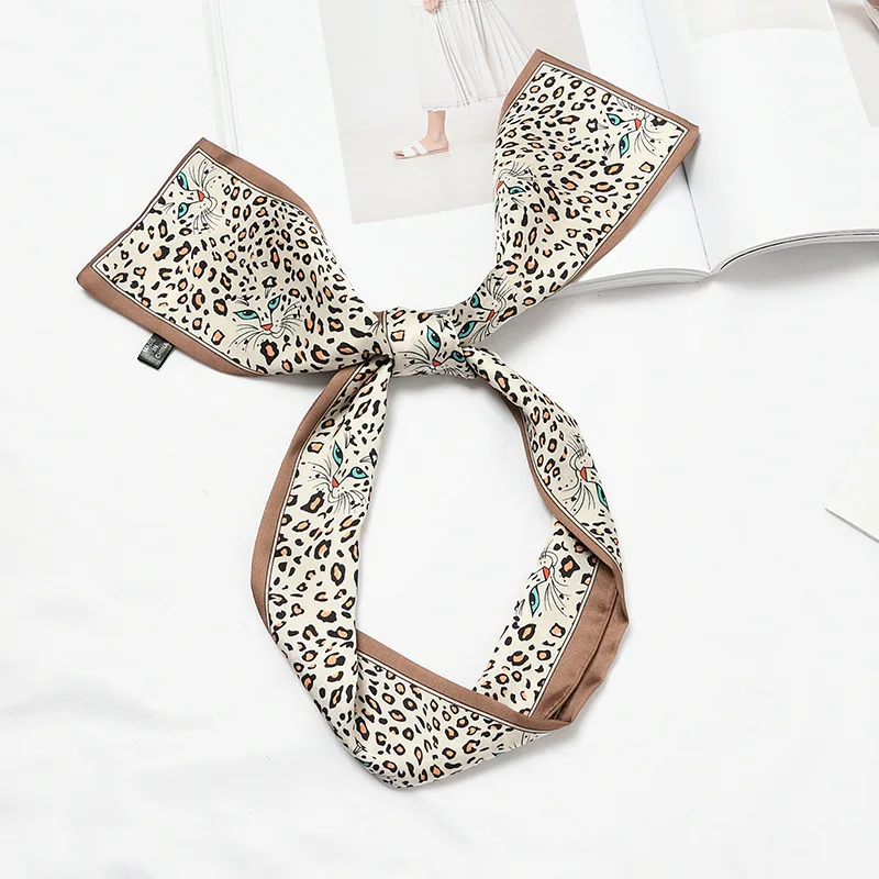 leopard head Beige Клевер роскошный шарф для волос 9,5x98 см тонкий шарф шелковый галстук на голову винтажный женский атласный элегантный Леопардовый весенне-осенний - Цвет: leopard head Beige
