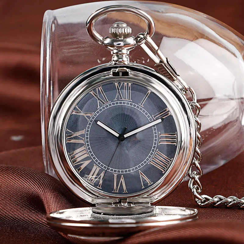 Fashion Silver Glass Case Black Roman Number Dial Self-wind Mechanical Fob Pocket Watches with Chain relojes de bolsillo